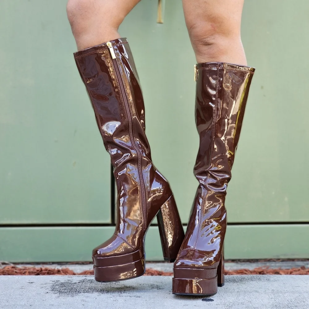 Mid Calf Platform Boots Square Toe Knee High Chunky Block Heel - Picture 5 of 6